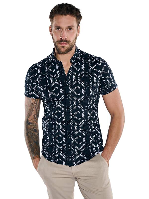 emilio adani Herren Kurzarm-Hemd slim fit schwarz gemustert Button Under von emilio adani