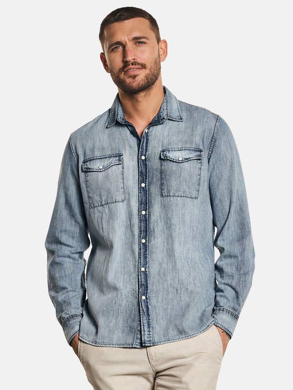 emilio adani Herren Langarm-Hemd aus Jeans-Stoff Blau regular uni Kent-Kragen von emilio adani