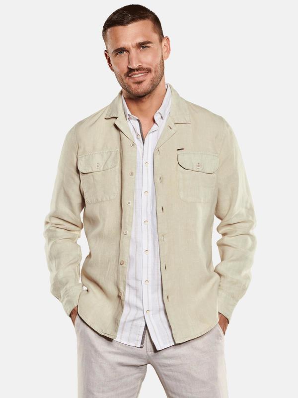 emilio adani Herren Langarm-Hemd aus Leinen beige slim fit uni Reverskragen von emilio adani