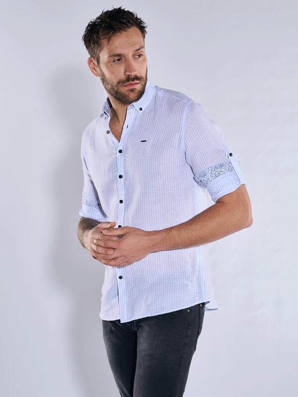 emilio adani Herren Langarm-Hemd aus Leinen blau regular gestreift Button Down emilio adani Herren Langarm-Hemd aus Leinen blau regular gestreift Button Down von emilio adani