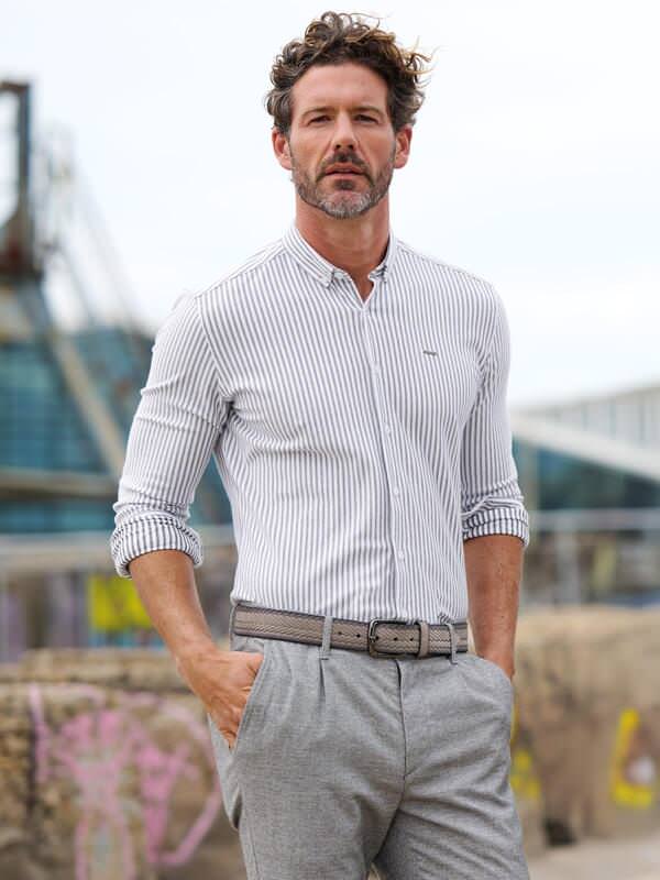 emilio adani Herren Langarm-Hemd gestreift Weiß slim fit Button Down von emilio adani