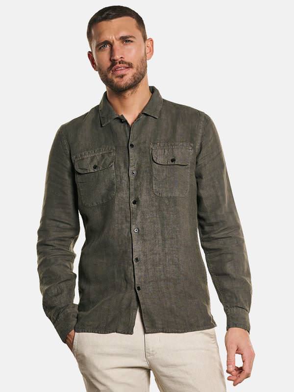 emilio adani Herren Langarm-Hemd im Overshirt Design Grün slim fit uni Reverskragen von emilio adani
