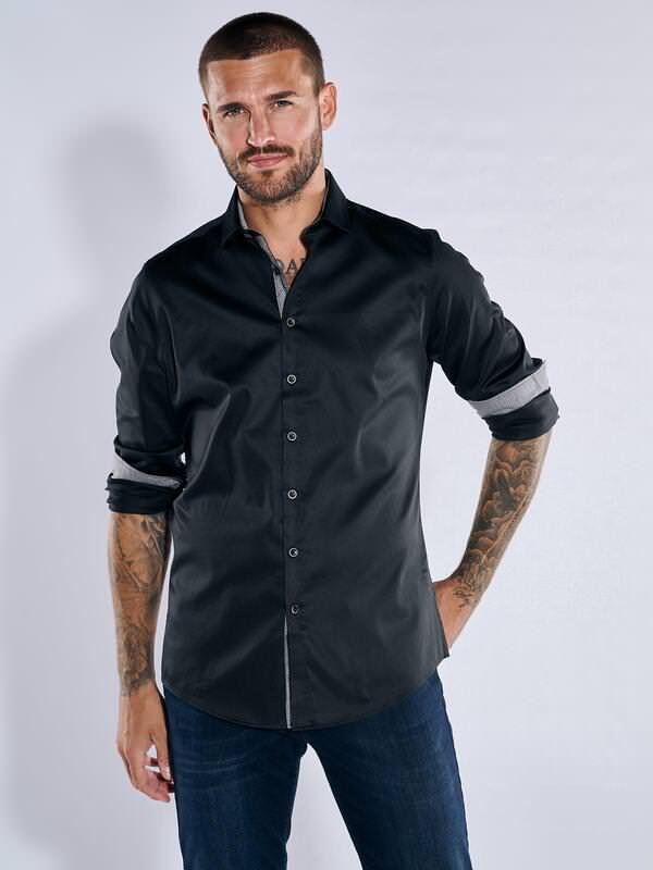 emilio adani Herren Langarm-Hemd mit Satinanteil Schwarz regular uni Kent-Kragen von emilio adani