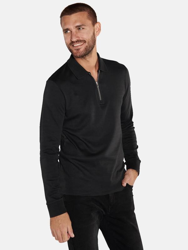 emilio adani Herren Langarm-Shirt mit Polo-Kragen schwarz slim fit uni Zipper von emilio adani