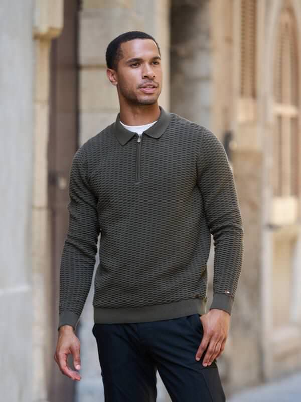 emilio adani Herren Langarm-Shirt mit Polokragen Grün regular uni Zipper von emilio adani