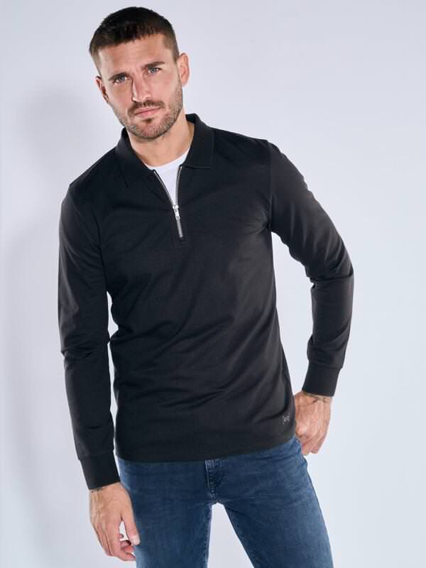 emilio adani Herren Langarm-Shirt mit Polokragen Schwarz slim fit gemustert Zipper von emilio adani