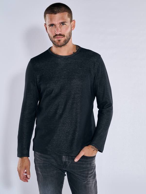 emilio adani Herren Langarm-Shirt strukturiert Schwarz regular uni Rundhals von emilio adani