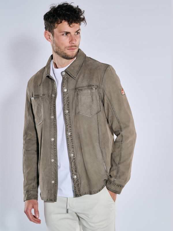 emilio adani Herren Leder-Overshirt Grau slim fit uni Kent-Kragen von emilio adani