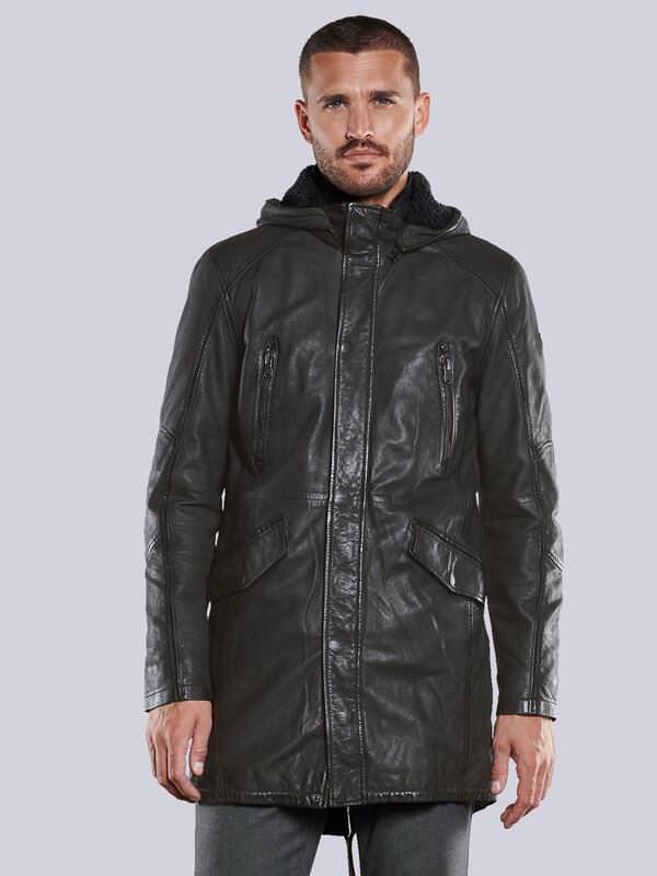 emilio adani Herren Leder-Parka mit abnehmbarer Kapuze Grün slim fit uni von emilio adani