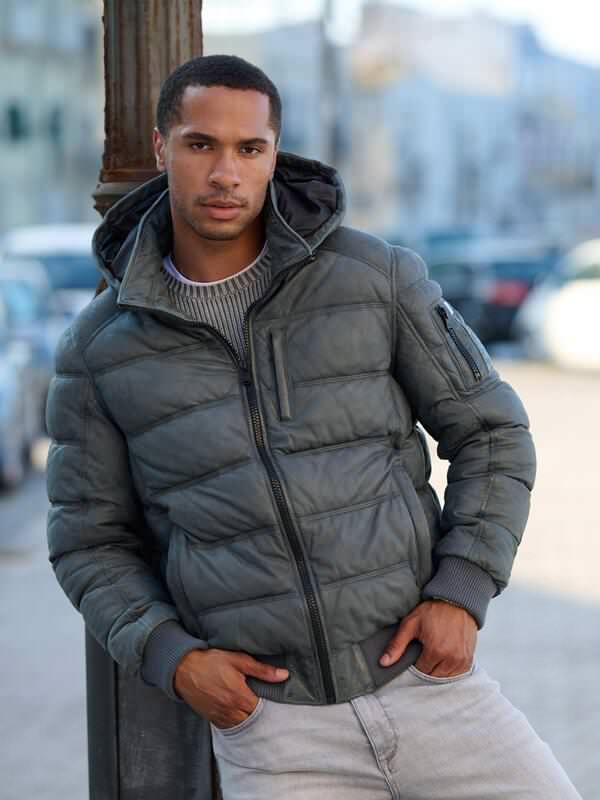 emilio adani Herren Lederjacke mit abnehmbarer Kapuze Blau regular uni Kapuze von emilio adani