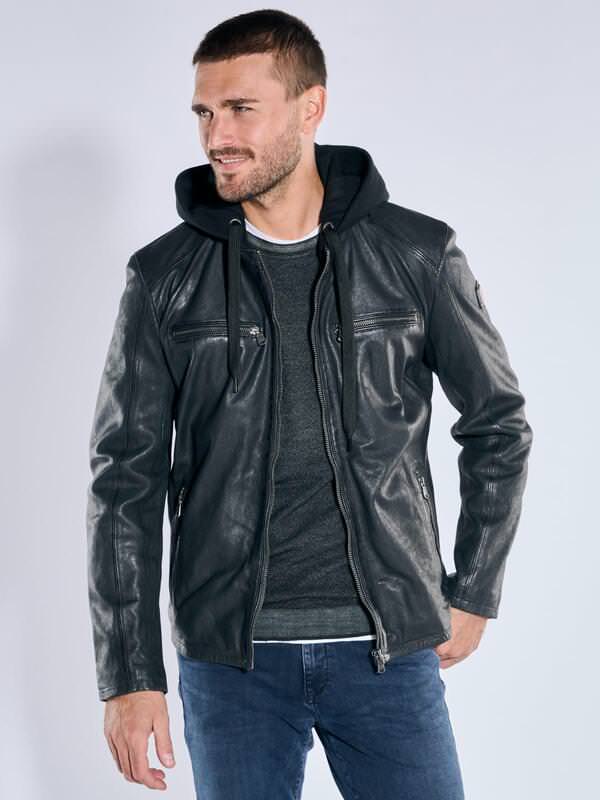 emilio adani Herren Lederjacke mit abnehmbarer Kapuze Grau slim fit uni Kapuze von emilio adani