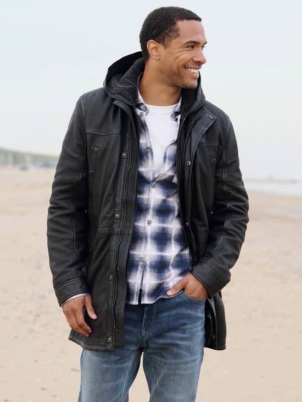 emilio adani Herren Lederjacke mit abnehmbarer Kapuze Schwarz slim fit uni Kapuze von emilio adani