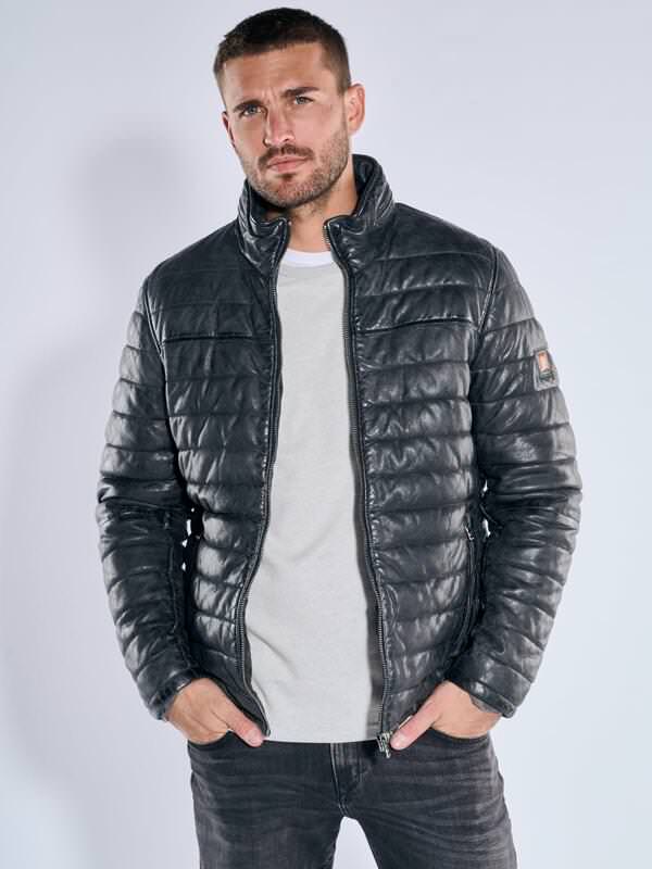 emilio adani Herren Lederjacke Schwarz slim fit uni Stehkragen von emilio adani
