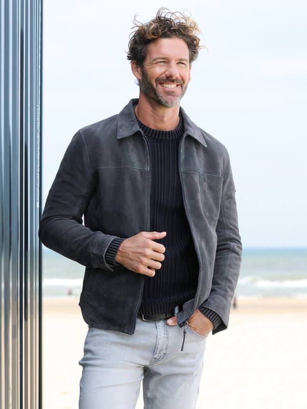 emilio adani Herren Lederjacke aus Veloursleder Blau slim fit uni Kent-Kragen von emilio adani