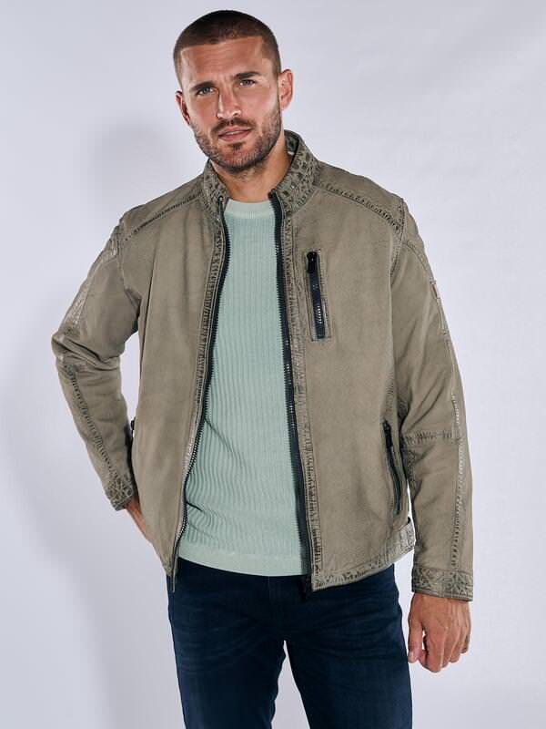emilio adani Herren Lederjacke mit Stehkragen Beige regular uni Stehkragen von emilio adani