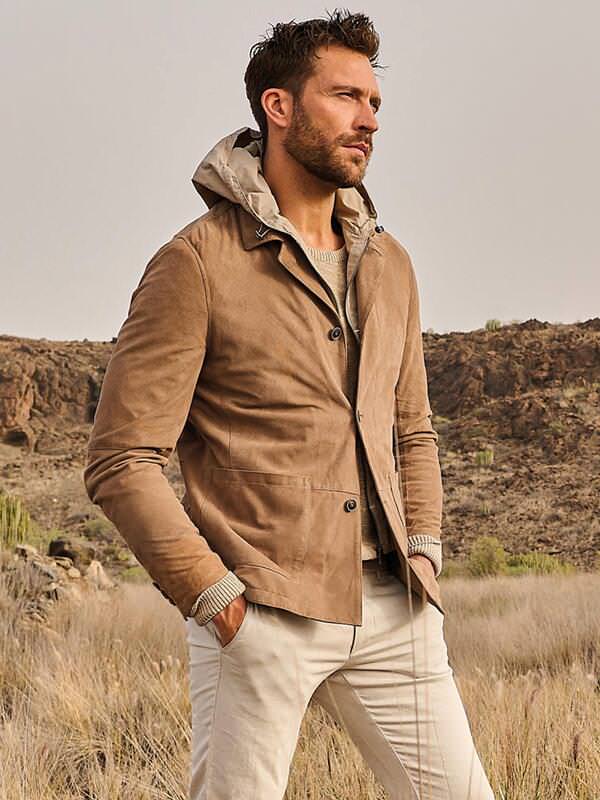 emilio adani Herren Lederjacke mit Inlet Braun regular uni von emilio adani