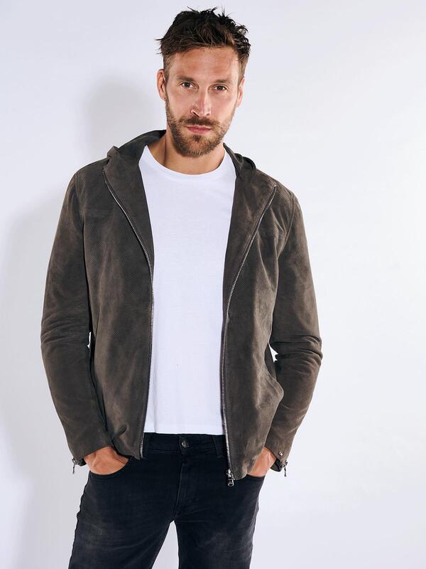 emilio adani Herren Lederjacke mit Kapuze Grau regular uni von emilio adani