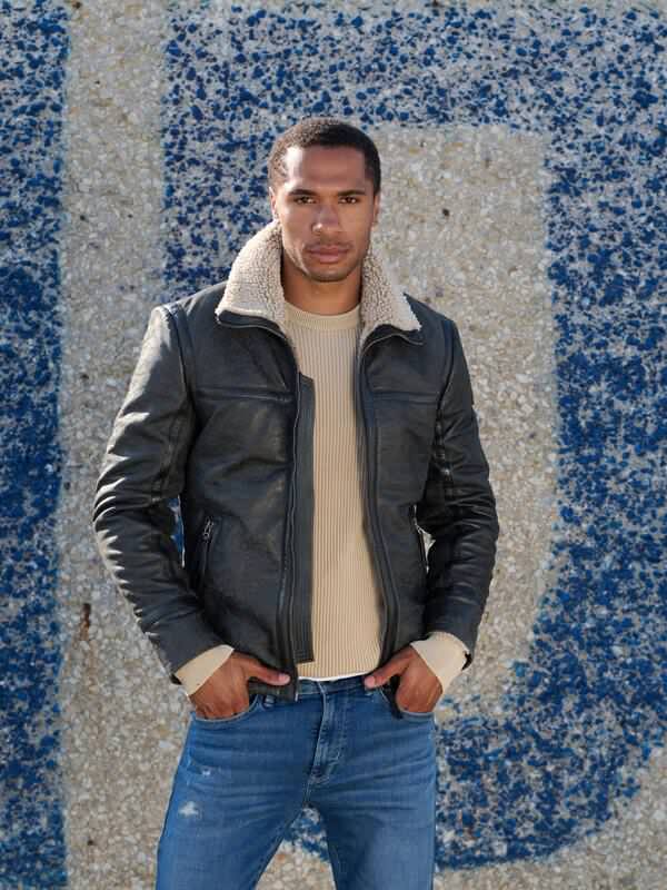 emilio adani Herren Lederjacke mit Umlegekragen Grau slim fit uni Stehkragen von emilio adani