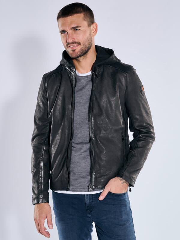emilio adani Herren Lederjacke mit abnehmbarer Kapuze Schwarz slim fit uni Kapuze von emilio adani