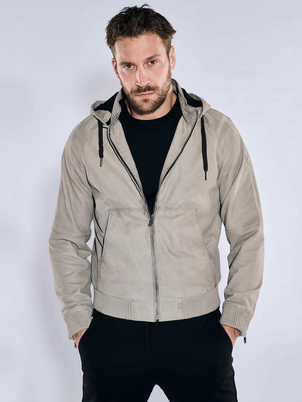 emilio adani Herren Lederjacke mit abnehmbarer Kapuze beige regular uni von emilio adani