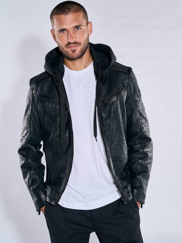 emilio adani Herren Lederjacke Schwarz slim fit uni Kapuze von emilio adani