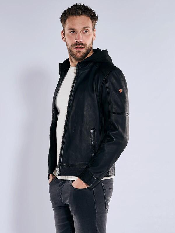 emilio adani Herren Lederjacke schwarz slim fit uni von emilio adani