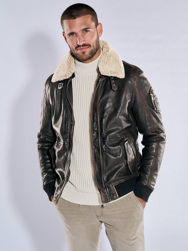 emilio adani Herren Lederjacke slim fit Braun uni von emilio adani