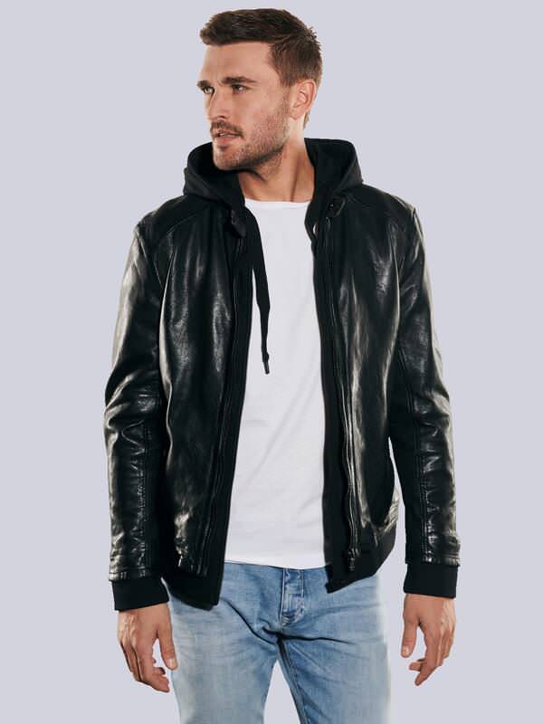 emilio adani Herren Lederjacke slim fit Schwarz uni von emilio adani