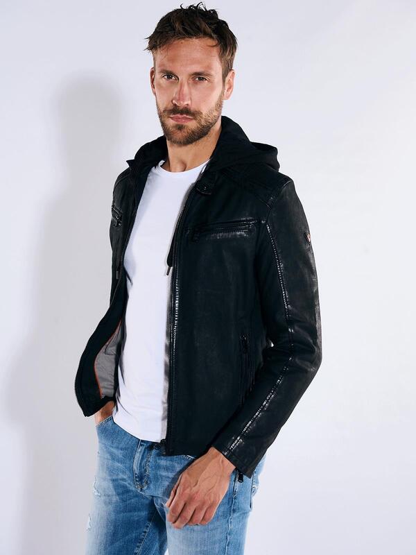 emilio adani Herren Lederjacke slim fit schwarz uni von emilio adani