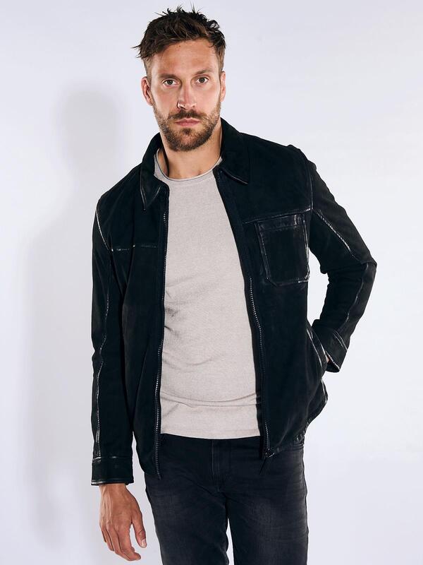 emilio adani Herren Lederjacke slim fit Schwarz uni von emilio adani