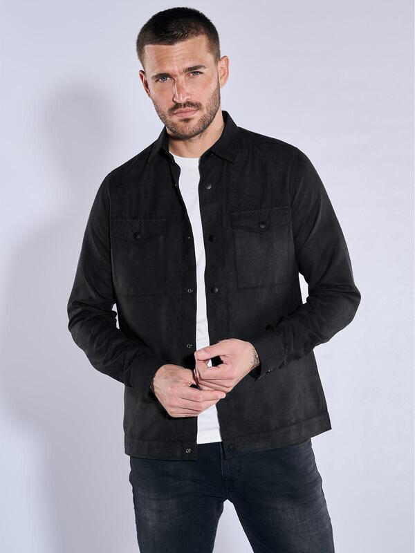 emilio adani Herren Overshirt in Suedeoptik uni Schwarz regular Kent-Kragen von emilio adani