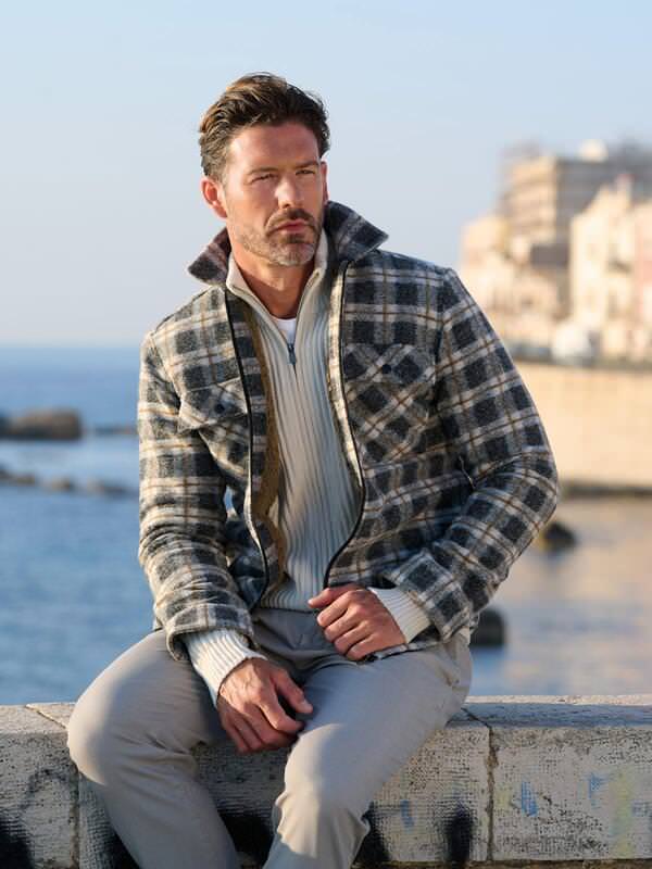 emilio adani Herren Overshirt mit Reißverschluss Braun regular kariert Haifisch von emilio adani