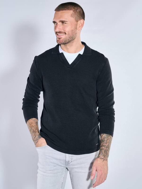 emilio adani Herren Poloshirt langarm Schwarz regular uni Kent-Kragen von emilio adani