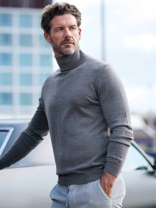 emilio adani Herren Pullover Merino Grau regular uni Rollkragen von emilio adani
