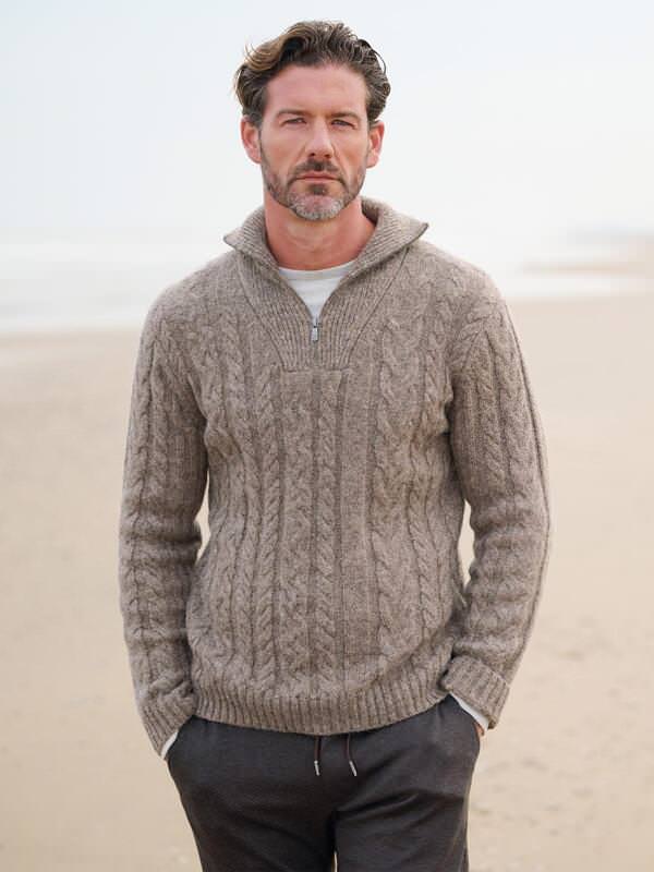 emilio adani Herren Pullover mit Troyerkragen Beige regular gemustert Zipper von emilio adani