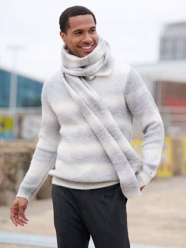 emilio adani Herren Pullover Polokragen Grau regular gemustert Zipper von emilio adani