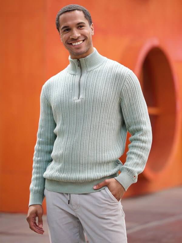 emilio adani Herren Pullover mit Troyerkragen Grün regular uni Zipper von emilio adani