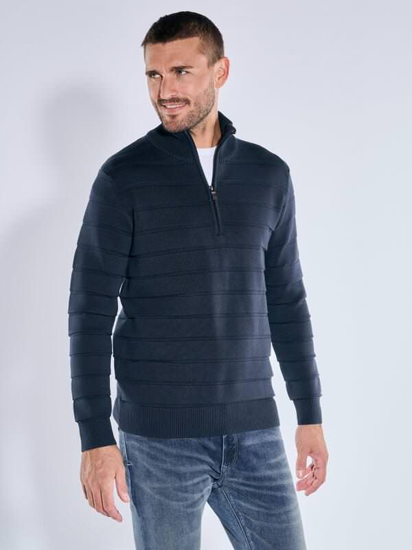 emilio adani Herren Pullover mit Troyerkragen Blau regular gestreift Zipper von emilio adani