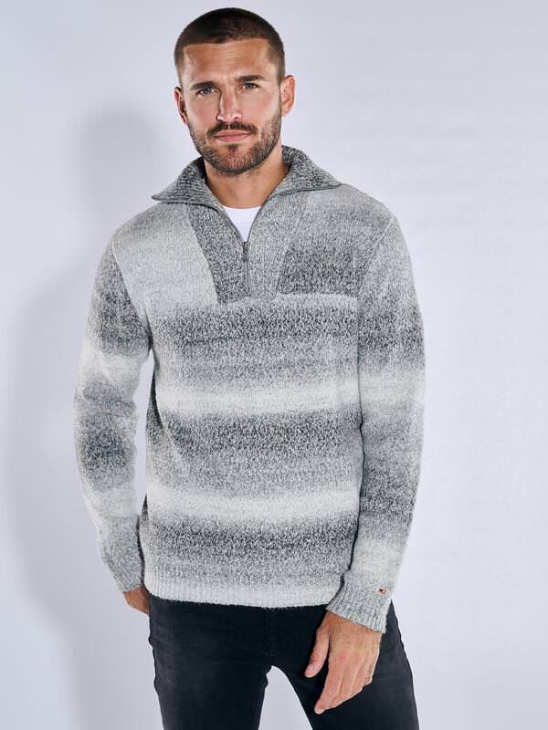 emilio adani Herren Pullover mit Troyerkragen Grau regular gemustert Stehkragen von emilio adani