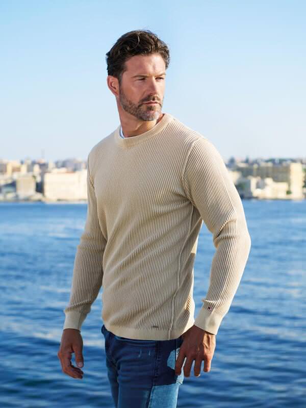 emilio adani Herren Pullover strukturiert Beige regular uni Rundhals von emilio adani