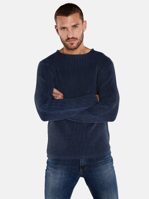 emilio adani Herren Pullover strukturiert blau regular uni Rundhals von emilio adani