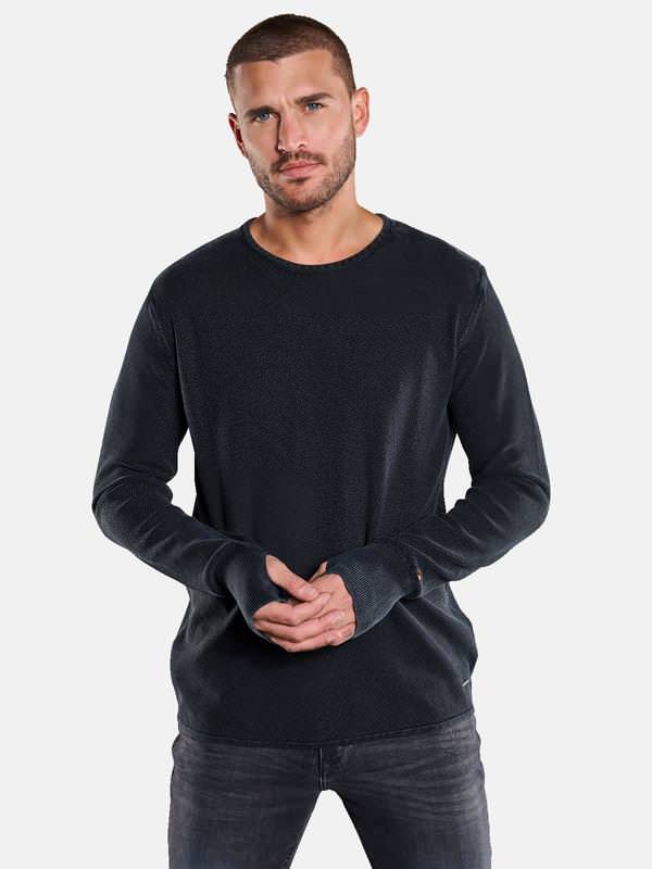 emilio adani Herren Pullover strukturiert blau regular uni Rundhals von emilio adani