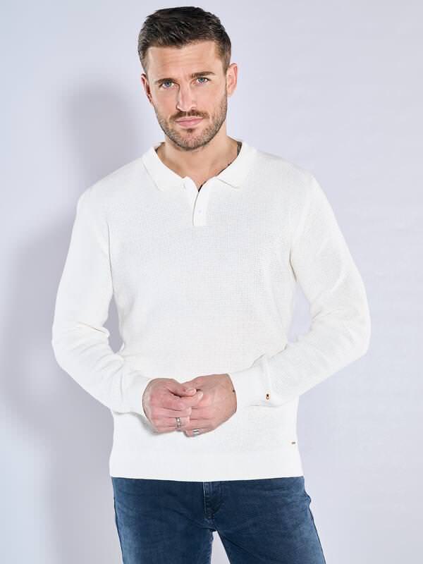 emilio adani Herren Pullover mit Polo-Kragen Weiß regular uni Knopfleiste von emilio adani