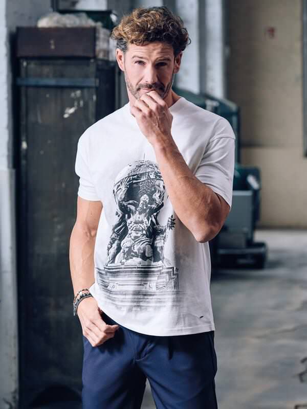 emilio adani Herren Rundhals T-Shirt Weiß regular gemustert Rundhals von emilio adani