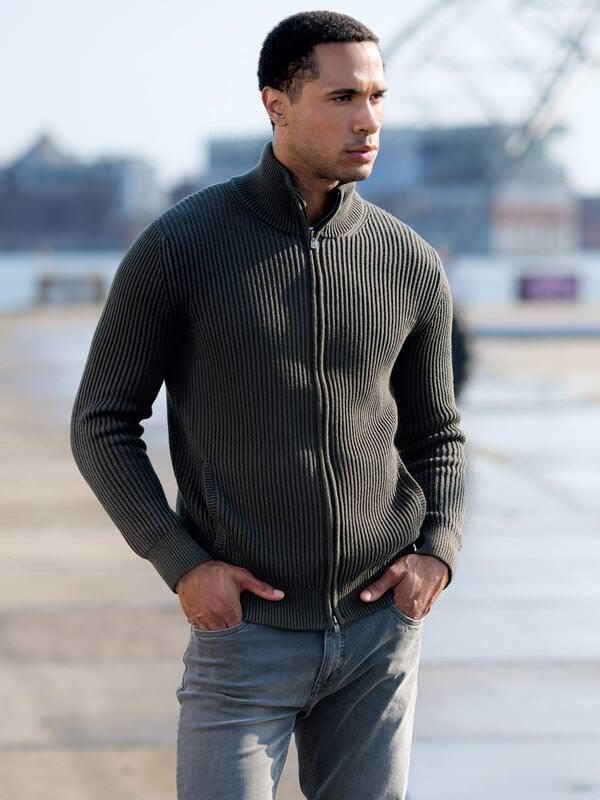 emilio adani Herren Strickjacke Grün regular gestreift Stehkragen von emilio adani