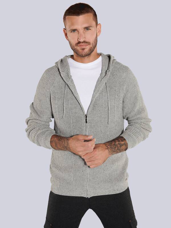 emilio adani Herren Strickjacke mit Kapuze Grau regular uni Kapuze von emilio adani
