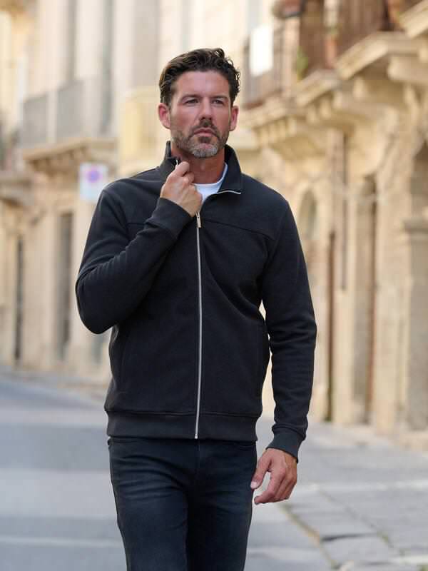 emilio adani Herren Sweatjacke strukturiert Schwarz slim fit uni Stehkragen von emilio adani