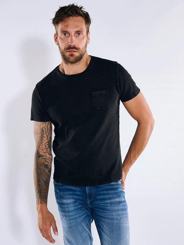emilio adani Herren T-Shirt strukturiert schwarz slim fit gemustert Rundhals von emilio adani