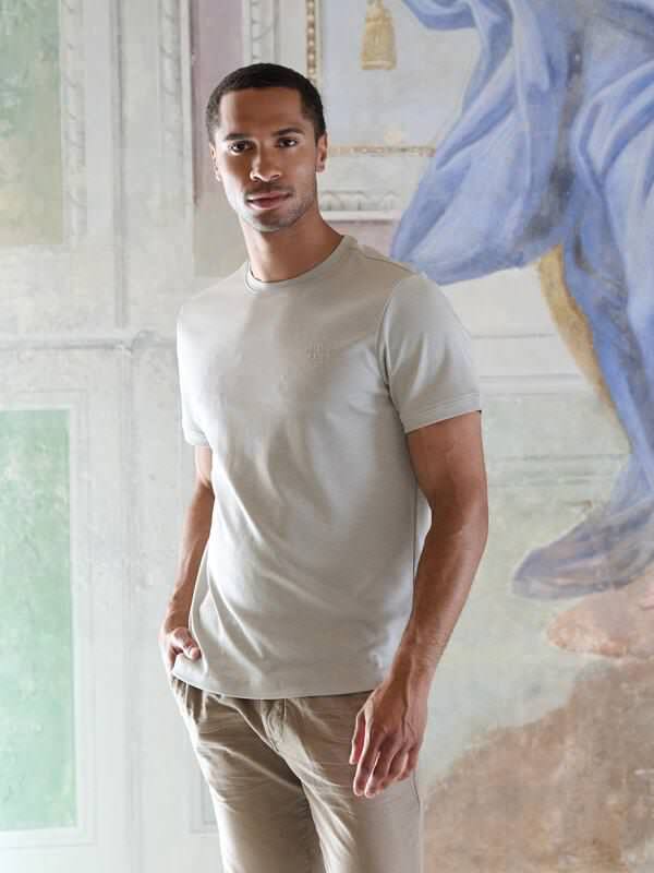 emilio adani Herren T-Shirt uni Beige regular kariert Rundhals von emilio adani
