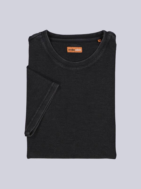 emilio adani Herren T-Shirt uni Schwarz regular gemustert Rundhals von emilio adani